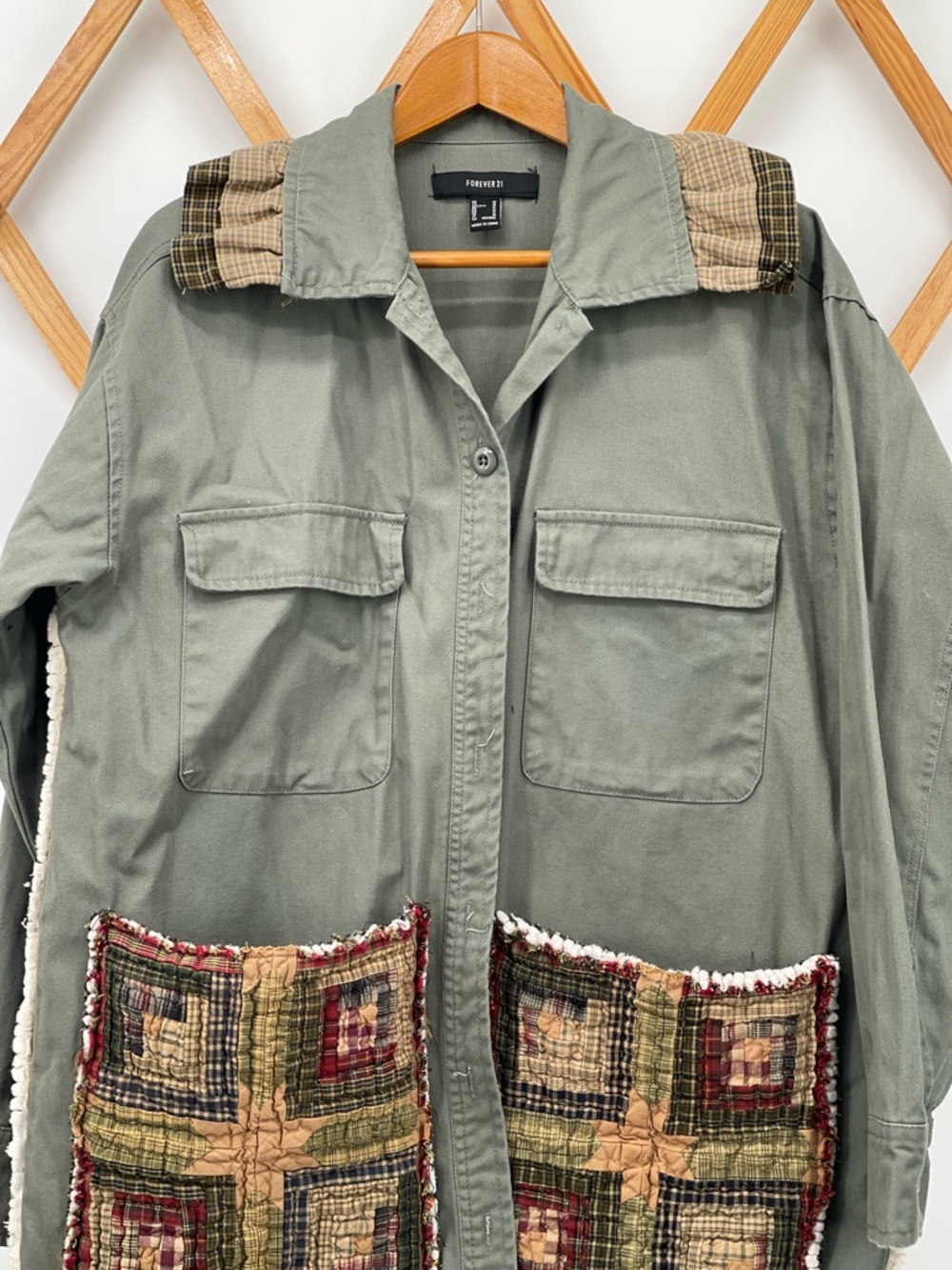 Forever 21 Olive Green Utility Jacket with Handmade Patchwork Accents - Picture 4 of 7